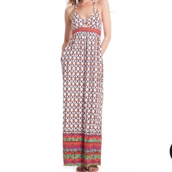 Trina Turk Maxi Long Printed Halter Venice Beach Stretchy Swim Dress Sz M - Picture 1 of 9